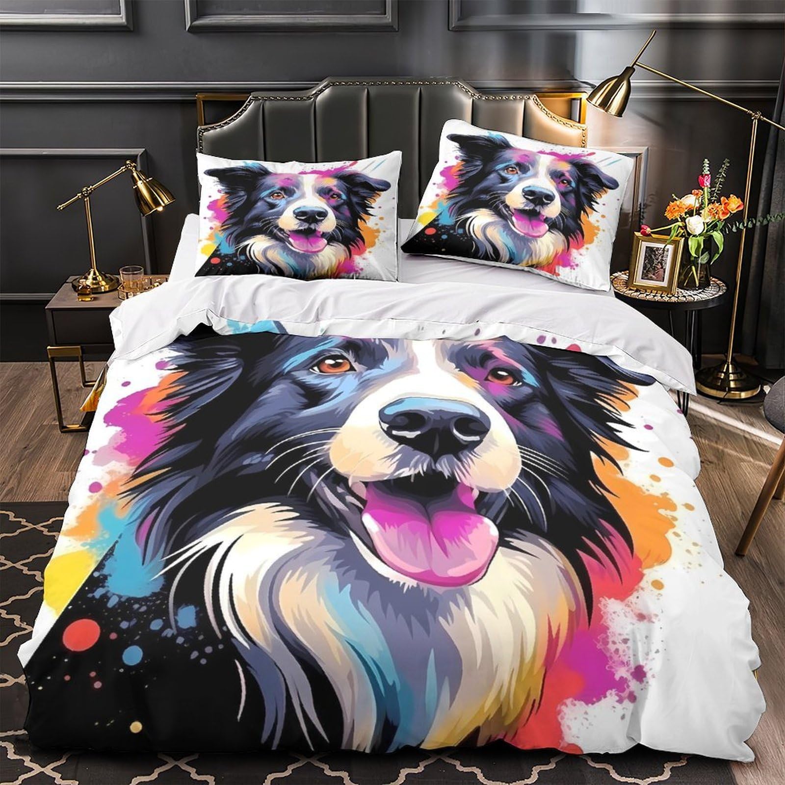 Housse de Couette Chien Effet 3D Microfibre Douce pour Lit King Size