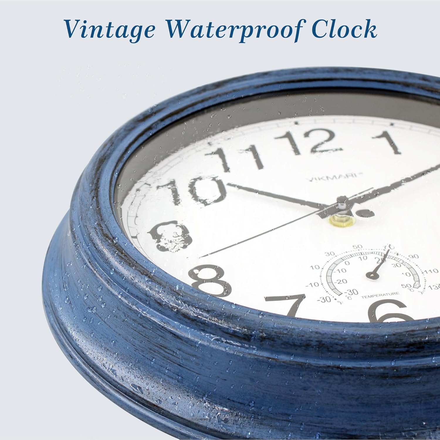 VIKMARI Indoor Outdoor Sealed Glass Clock Waterproof Silent Classic Quartz Clocks Thermometer Battery Operated Wall Clocks for Bathroom Patio Pool Wall Decor (12 Inch,Rustic Blue)