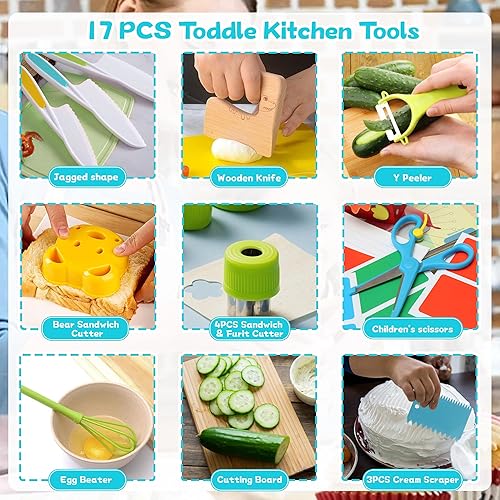 Miniatura 3 de Juego de 16 utensilios de cocina Montessori para hornear de utensilios de cocina, juego de hornear para cocina real, incluye 3 bordes dentados,