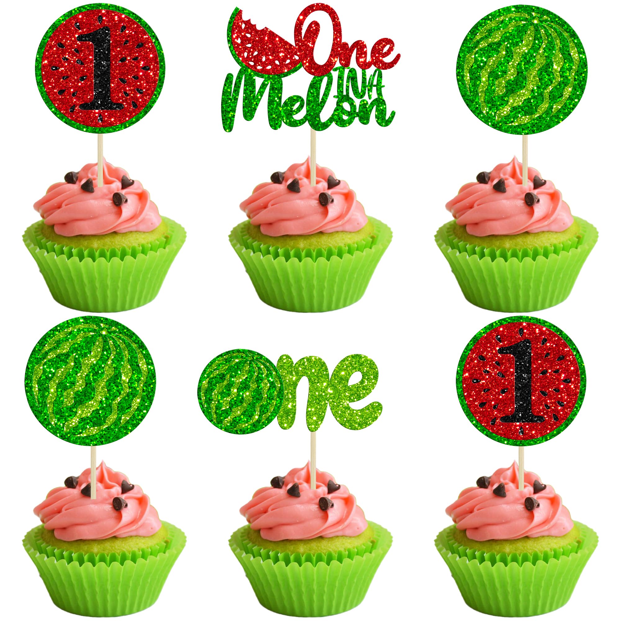 Gyufise 24Pcs One Watermelon Cupcake Toppers Glitter Fruit Theme Summer ...
