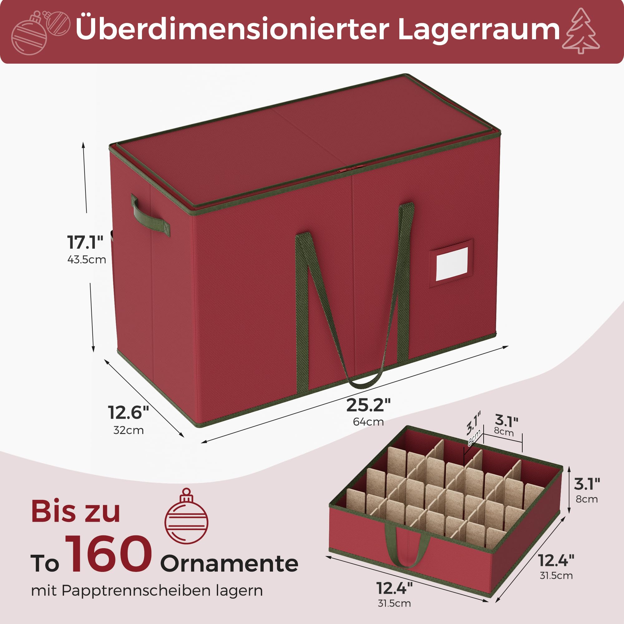 Weihnachtskugel Aufbewahrungsbox， für Weihnachtsschmuck, stapelbarer Weihnachts-Aufbewahrungsbehälter mit Deckel, 10 Fächer, 600D Oxford,7,6 cm 160 Steckplätze,64 x 32 x 43.5 cm,Rot