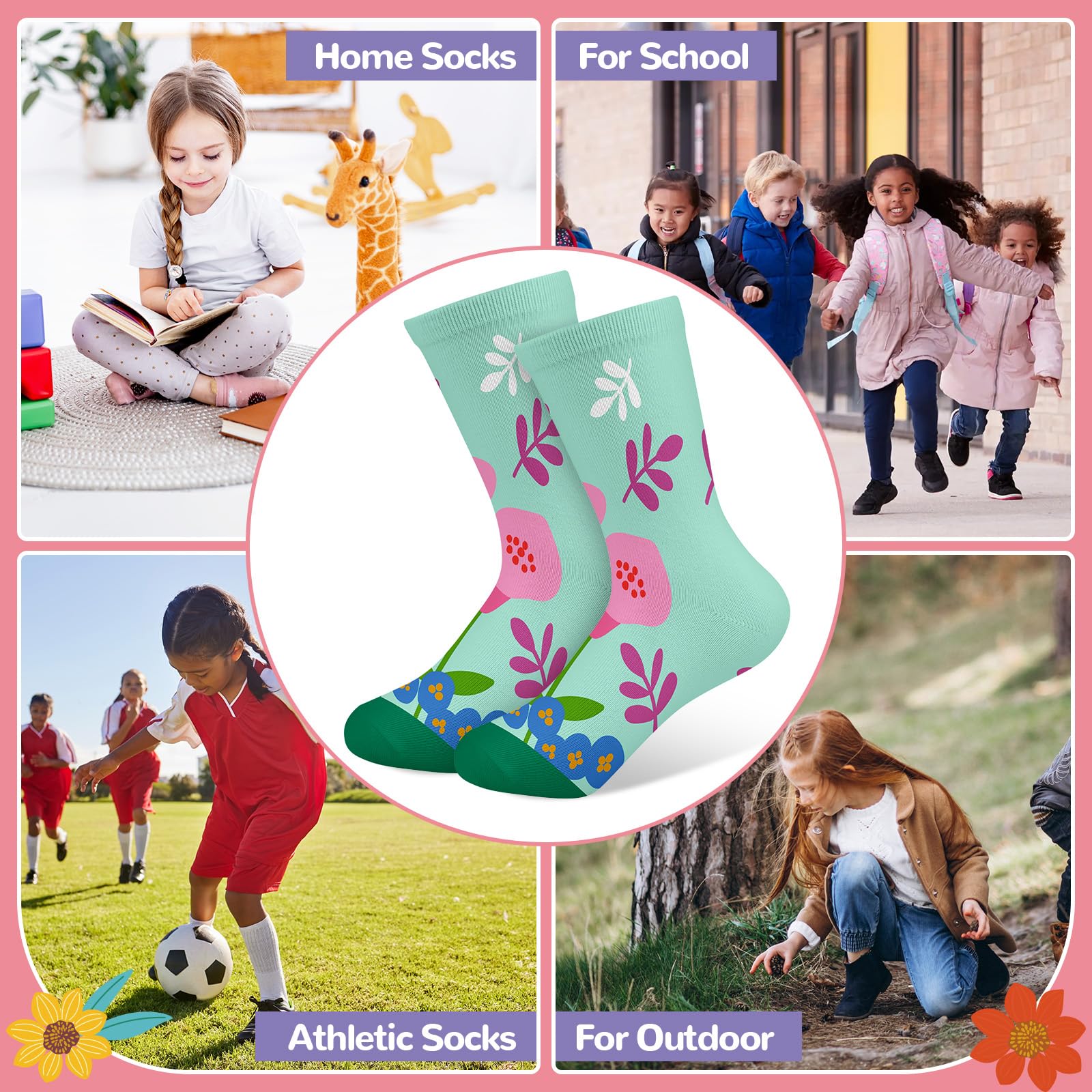 Schulkind Socken Mädchen Kinder Bunte Lustige Cartoon-Blumen Motiv Neuheit Niedlich Crew-Socken 6 Paar Geschenke 3-14 Jahre Größe 25-38 Atmungsaktiv Weich