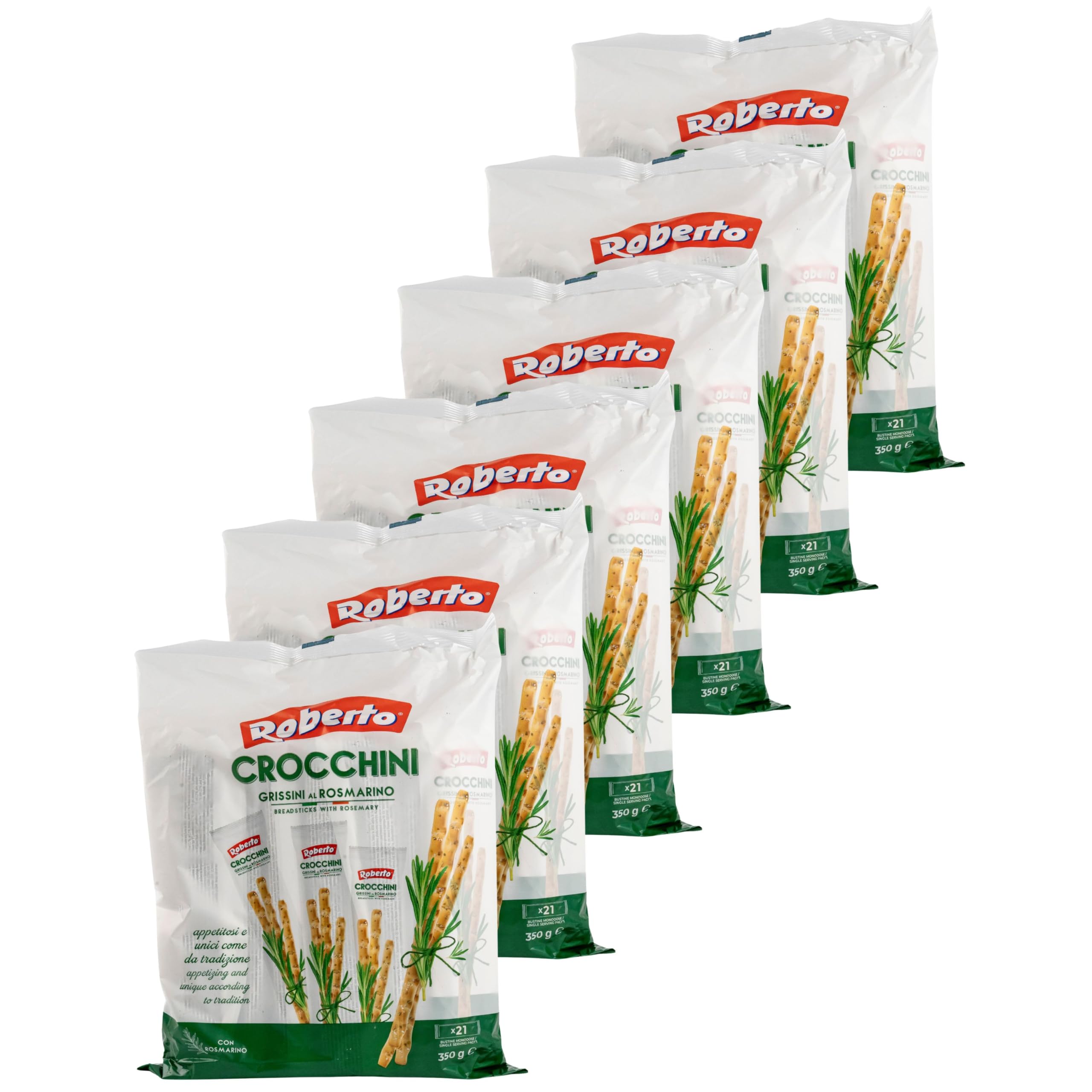 Roberto - 6er Set Crocchini Grissini Al Rosmarino – Knusprige italienische Brotsticks mit Rosmarin in 350 g Packung á 21 Sticks - Brot Stangen Original italienisch ideal als Snack