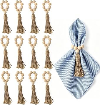 Wood Beads Napkin Rings Natural Wooden Holders with Tassels Elastic Wooden Napkin Buckles for Home Table Decoration Christmas Farmhouse Wedding Party 12pcs