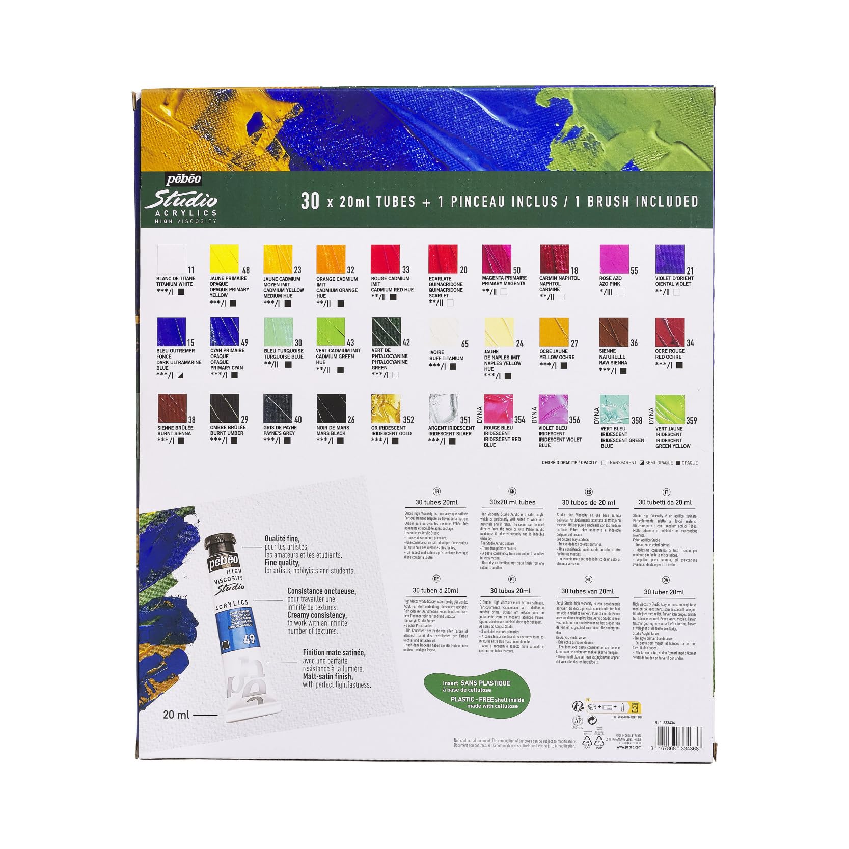 Pébéo Studio Acrylics - Estuche de Pintura Acrílica - 30 Tubos de 20 ml + Pincel - Colores Variados - Alta Pigmentación