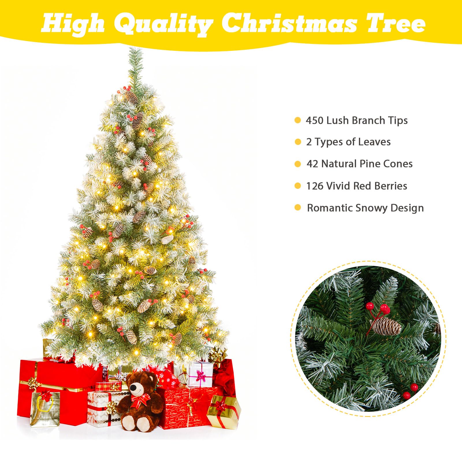 LIFEZEAL Árbol de Navidad LED de PVC - Abeto Artificial Nevado Con 8 Efectos de Luz y Soporte de Metal (195cm)