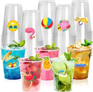 Rtteri 200 Pcs Beach Pool Party Plastic Cups 12oz Clear Luau Tropical Hawaiian Cups with Sticker Disposable Summer Beach Pineapple Drinkware for Tiki Birthday Party Decorations Favors