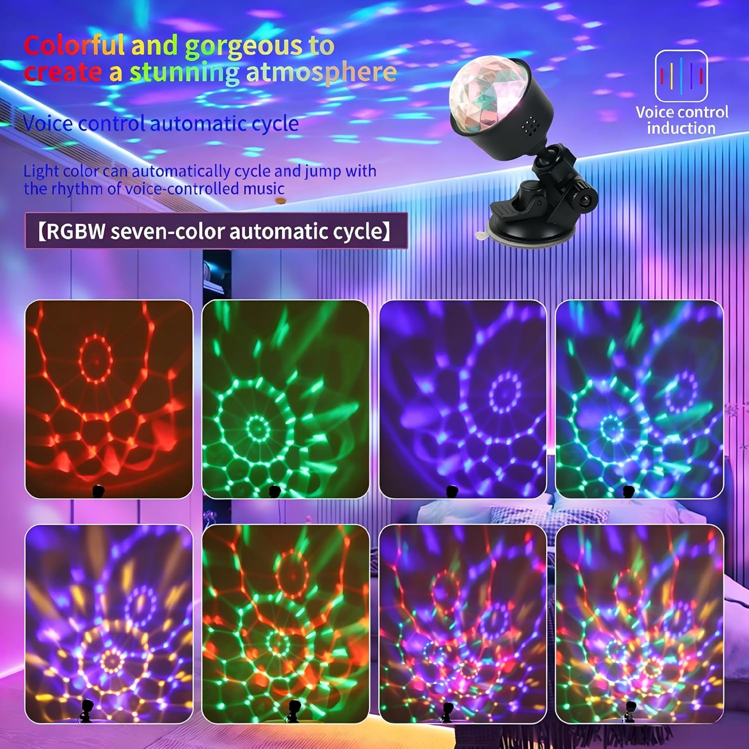 Mini Disco Ball Party Lights Sound Activated Multi Color Rotating Stage Lighting USB Powered Suction Cup Mount for Car Bedroom Dance Birthday Parties Decor