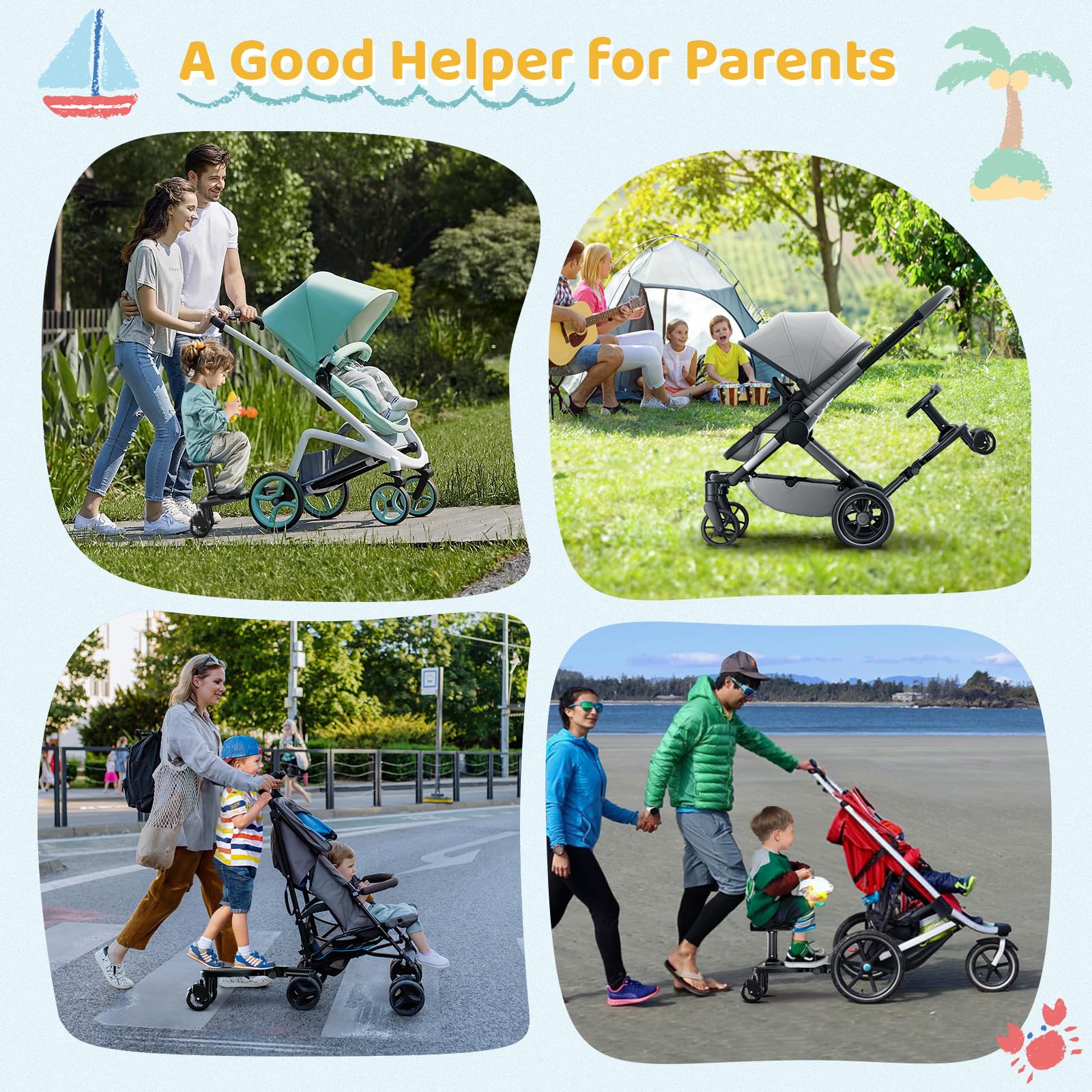 Monopatín universal con asiento grande, tablas con ruedas compatible con el 99% de cochecitos, monopatín universal, 2 en 1 caminata, cochecito para niños de 2 a 6 años (25 kg)