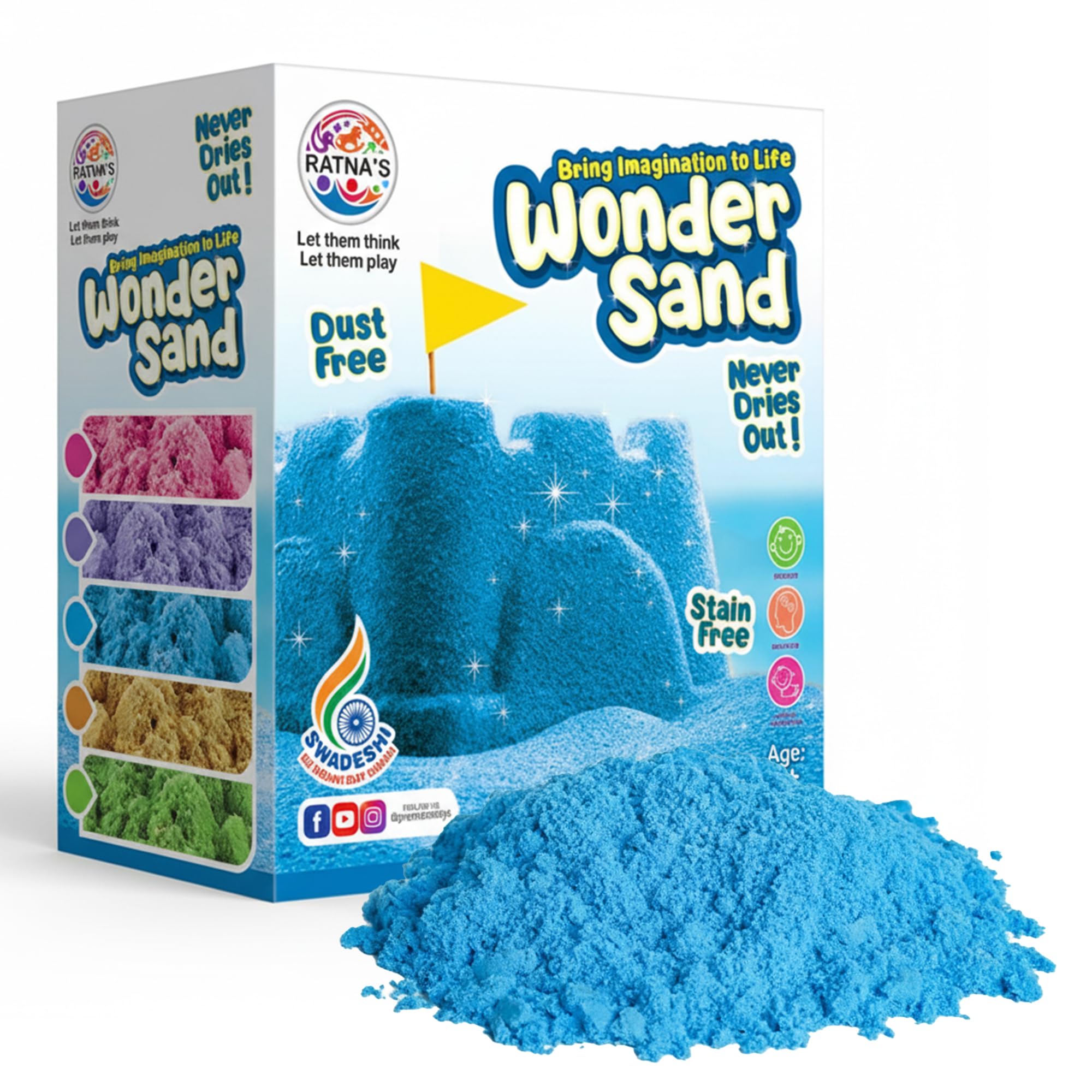 RATNA'S Wonder Sand 500 Grams for Kids - Smooth Non-Sticky Blue Sand with Big Mould for Indoor Beach Fun and Relaxation(Blue 500 Grams), ONE Big Mould Inside (Without Tray)
