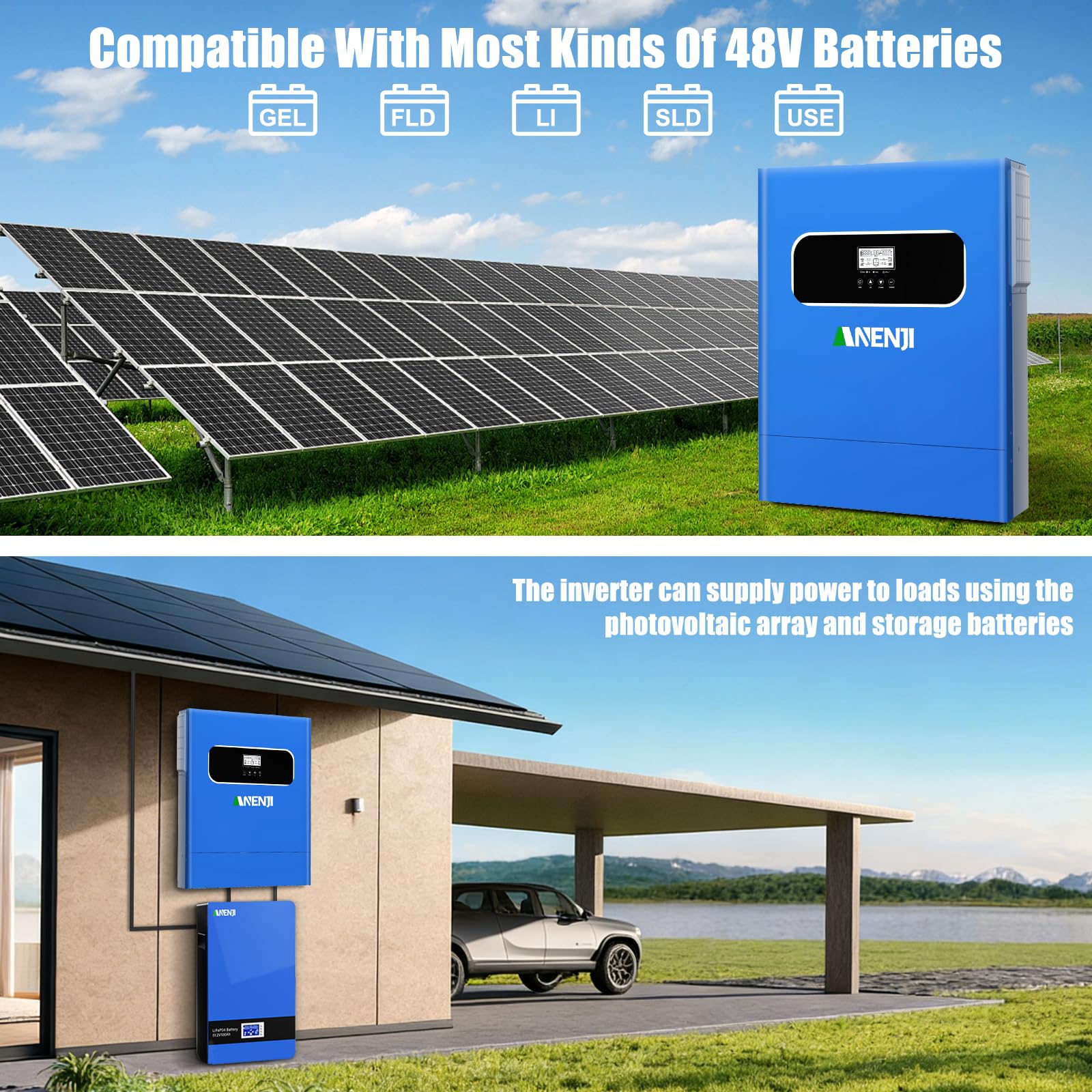 Invertitore ibrido solare da 11000 W, da 48 V CC a 230 V CA, ad onda sinusoidale pura, con MPPT da 160 A, immissione in rete, 2 ingressi PV da 5500 W, funzionamento senza batteria + monitoraggio