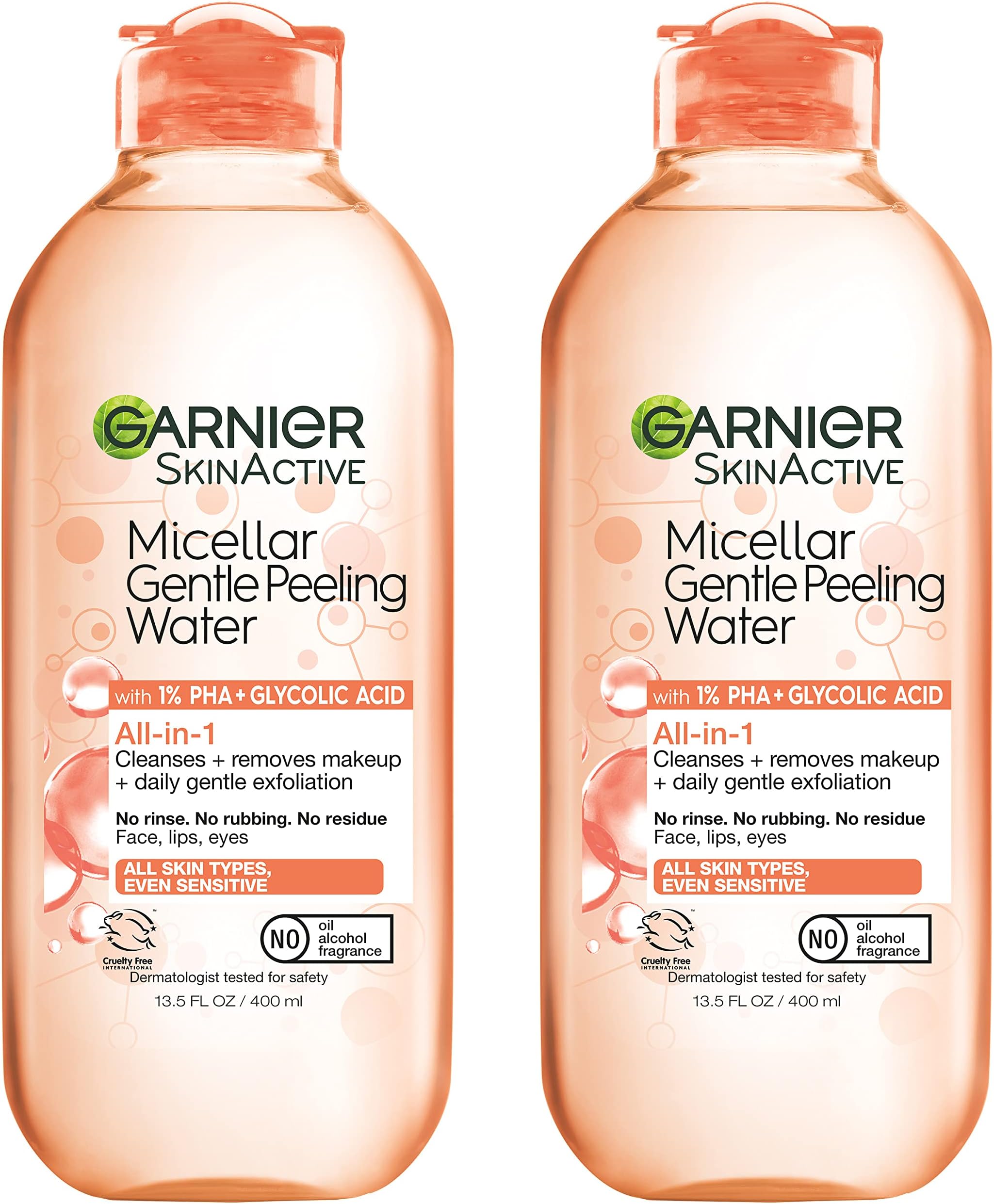 SkinActive Gentle Peeling Micellar Water with 1% PHA and Glycolic Acid, Face Exfoliant, Facial Cleanser and Makeup Remover, 2 Pack