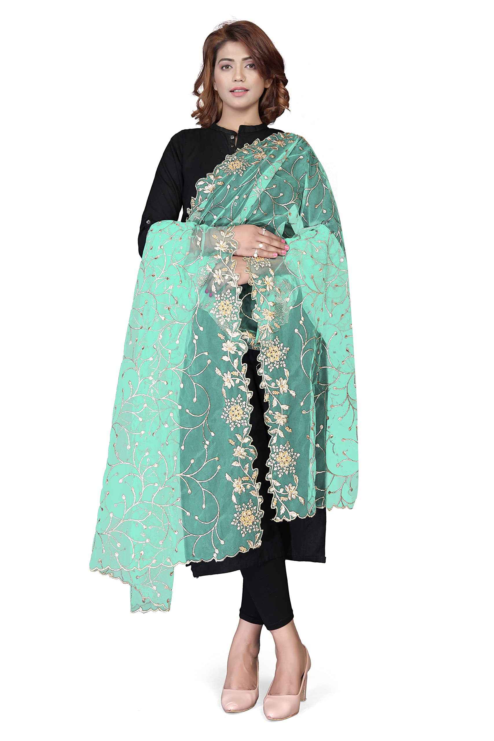 Soft Net Dupatta with Gold Embroidery and Pearl Work Traditional Dupatta Eid Party Wear All Ceremonies and Occasions (Net Dupatta Mint)