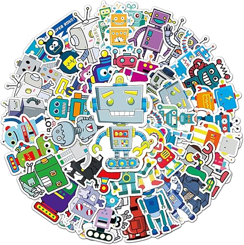 Lindas calcomanías de robot 50 hojas de calcomanías faciales con temática científica vinilo impermeable para botellas de agua laptop monopatín