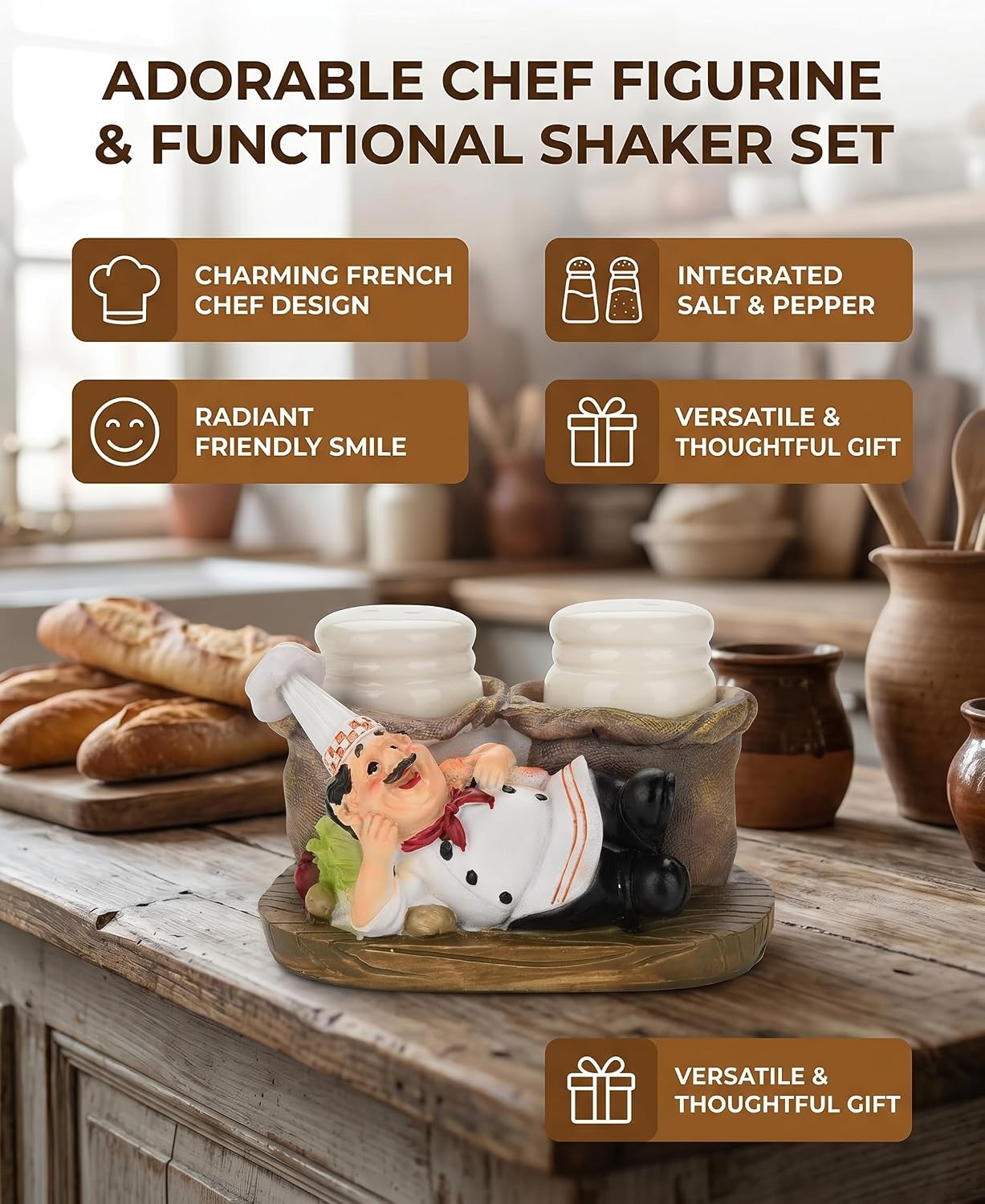 Rengue Salt Shaker Set, French Chef Decorative Figurine Adorable Craft for Kitchen Decor with Charming Smiling Face for Home Bakery Bistro Restaurant (E14-15019-C model)