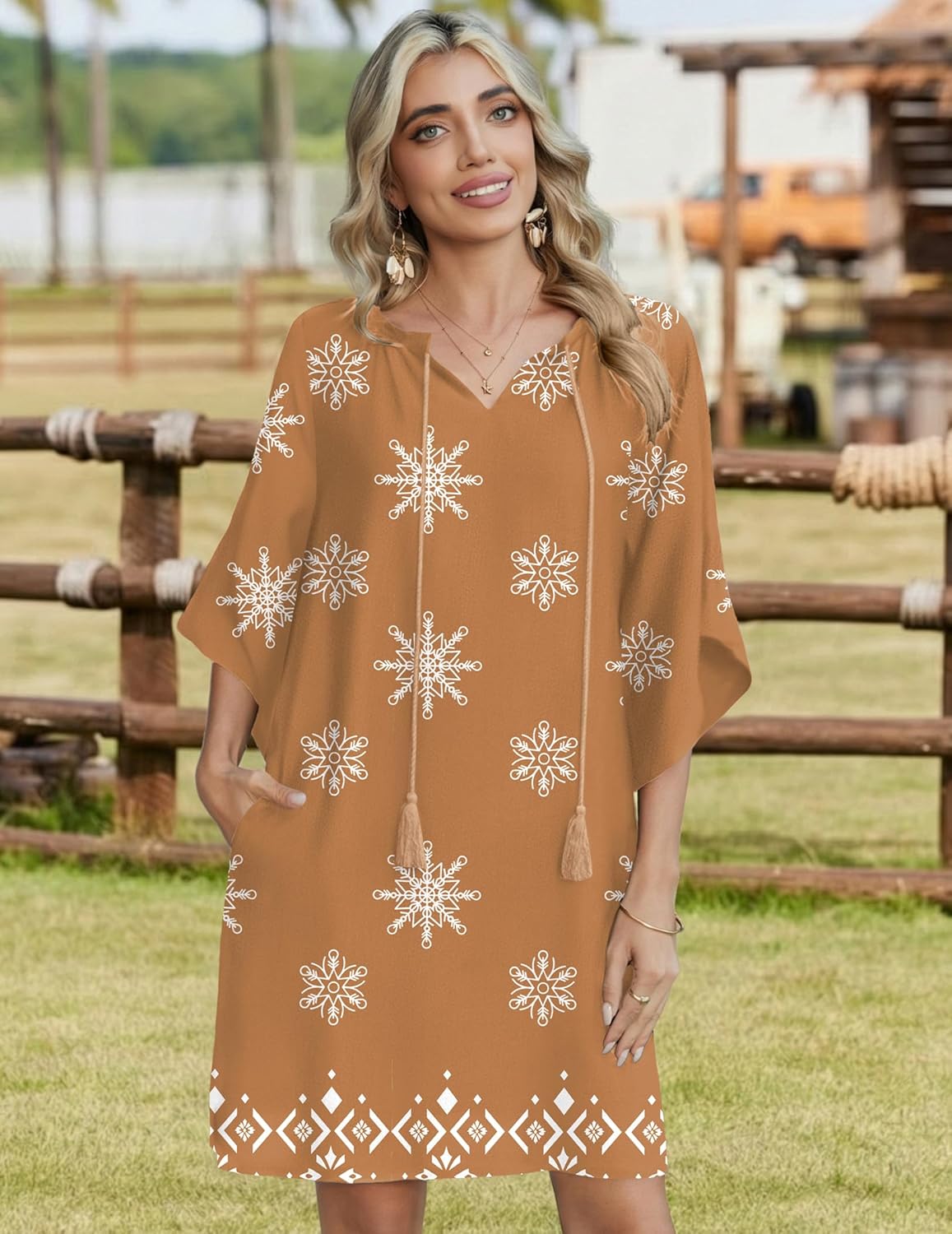 Zeagoo Womens Casual Summer Dress Boho Beach Dresses Tassel Tie Neck 2026 Floral Cover Up Spring 3/4 Sleeve Mini Sundress - Image 4