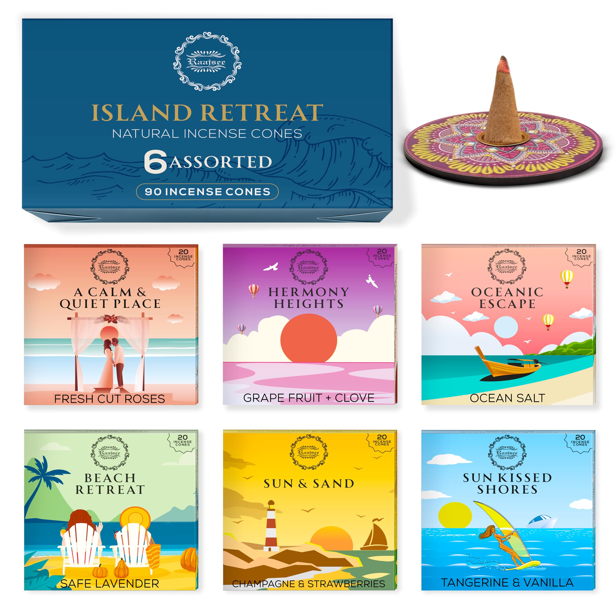 Raajsee Incense Cones, 6 Pack Island Retreat Cone Gift Pack 15 pc Each (90 Total), Insence Cones Variety Pack, 100% Organic Non Toxic Natural - Hand Rolled Free from Chemicals,Holder Included