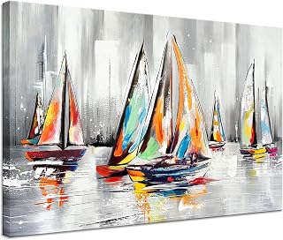 KLVOS Colorful Sailboat Canvas Wall Art Abstract Boats Painting Reflection Seascape Picture Artwork Framed for Living Room Bedroom Kitchen Home Office Wall Decoration 24x36inch