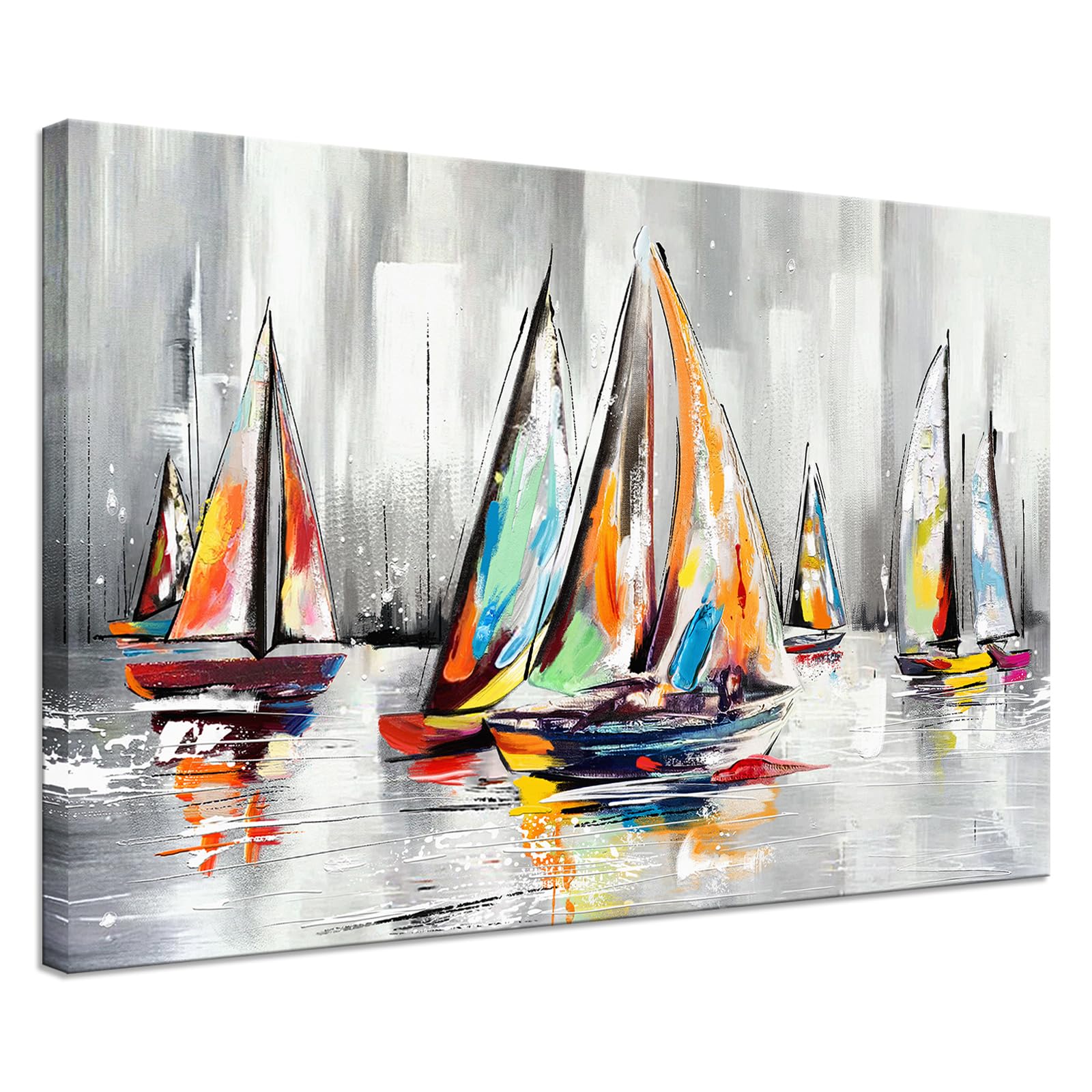 絵画 #flk041128 KLVOS Colorful Sailboat Canvas Wall Art Abstract Boats Painting