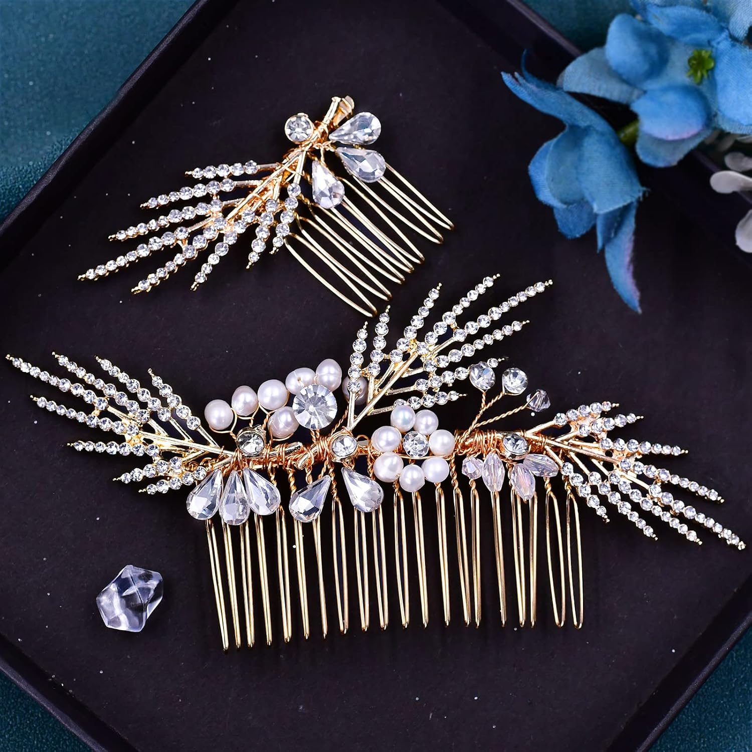 Crystal Bridal Wedding Hair Comb With Crystal Diamond Pearl Hair Accessories Bridal Side Comb For Women And Girls Gold (Gold)