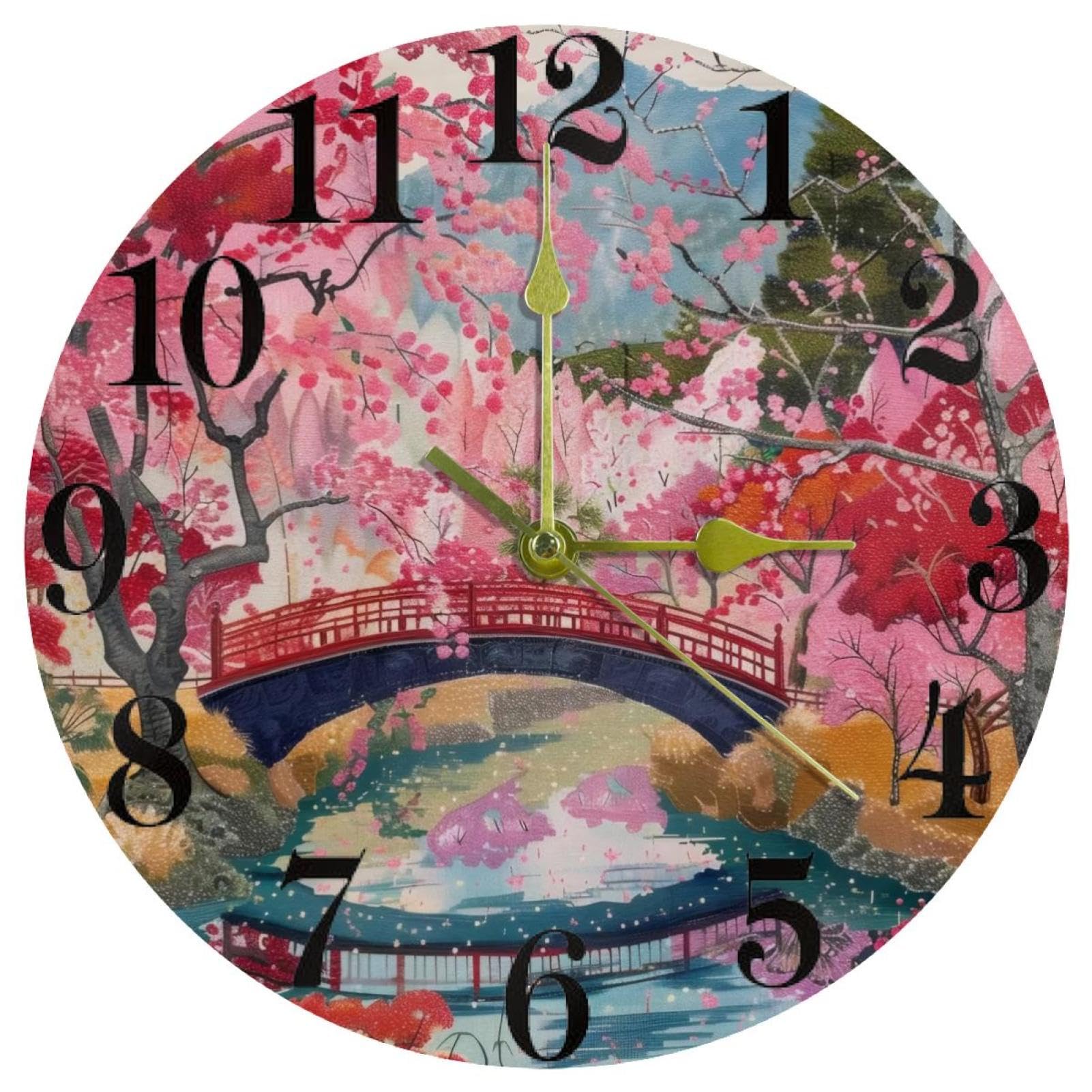 Horloge murale ronde fonctionne à piles paysage cerisier japonais zen