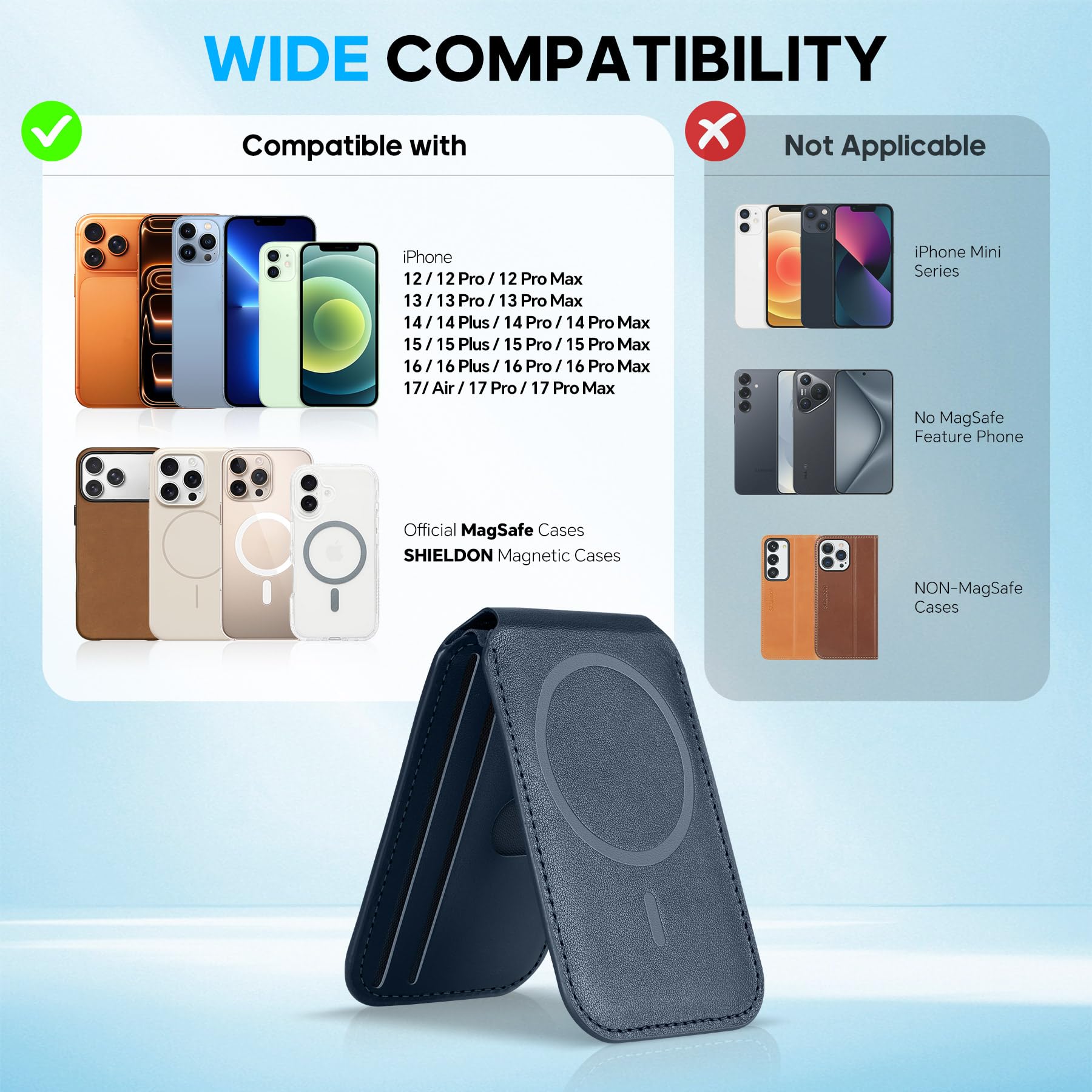 SHIELDON Tarjetero de Cuero Genuino, Cartera Magnética [Bloqueo RFID][Soporte Ajustable][Ranura para Tarjeta] Leather Wallet Card Holder para iPhone Serie 17/16/15/14/13/12, No para Mini - Azul Marino