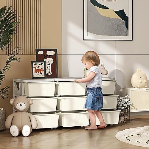 Miniatura 2 de Qaba Unidad de almacenamiento para niños de 3 niveles, organizador de juguetes de 9 cajones, contenedores de plástico para dormitorio de niños,