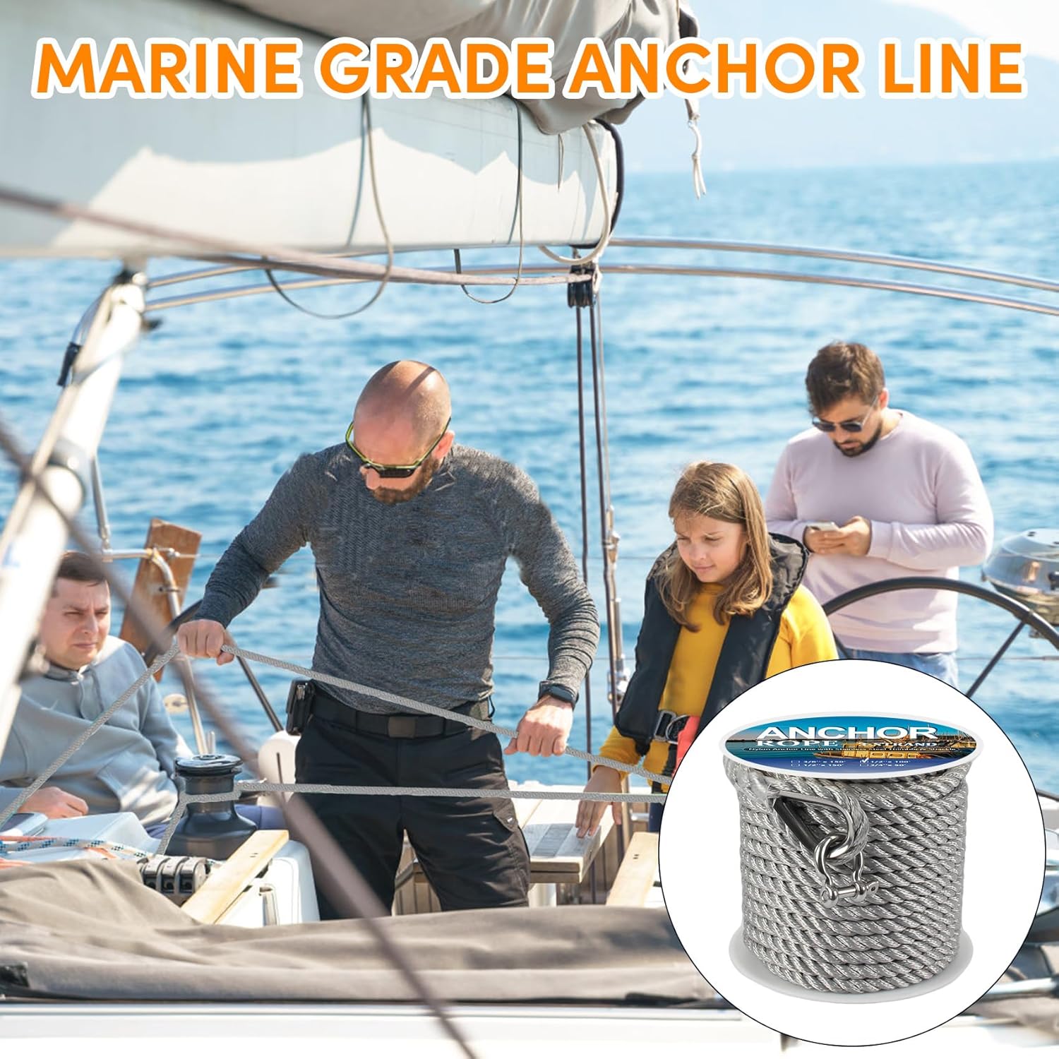 Anchor Rope 100 ft X 1/2 inch, 3-Strand Twisted Nylon Anchor Line, Boat Rope with Stainless Steel Thimble and Shackle for Boating, Anchoring, Mooring,Pulling (Grey)