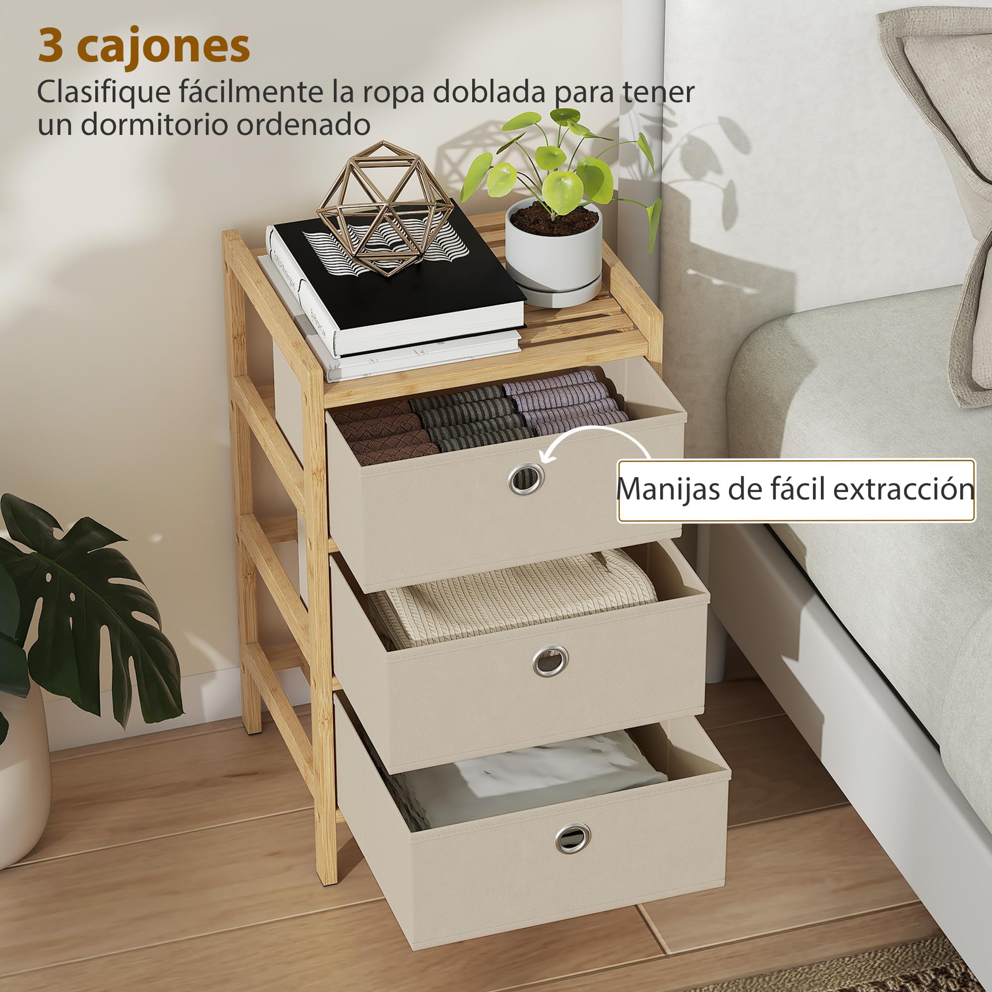 HOMCOM Cassettiera telaio bambù 3 cassetti tessuto bianco crema | Cassettiera, unità di stoccaggio stretta, per piccoli spazi, camera da letto, soggiorno, ingresso