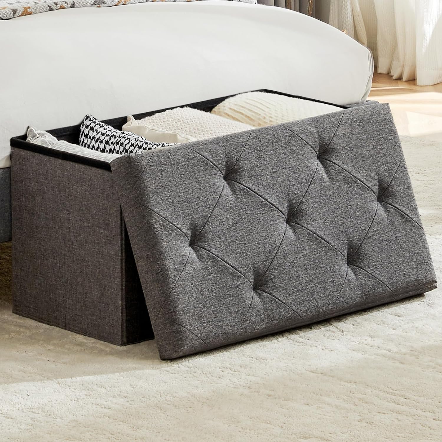 dumos 30in foldable storage ottoman bench, foot rest stool storage chest with padded seat, end of bed bedroom bench for living room, support 660lbs, pure grey classic gray 15"d x 30"w x 15"h