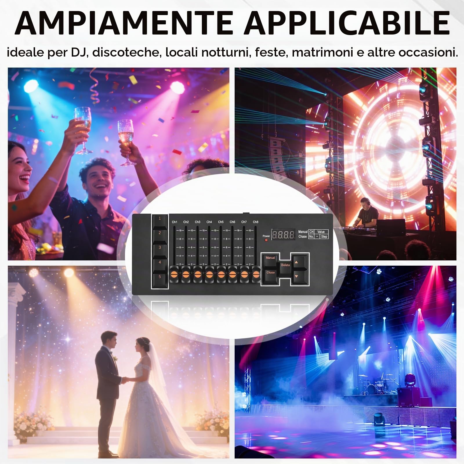 Controller DMX5102, Console di Controllo Luci a 40 Canali con 8 Fader e 5 Modalità Programmabili Controller DJ con 5 Effetti CHASE e Uscita DMX a 3 Pin per Illuminazione da Palco Spettacoli dal Vivo