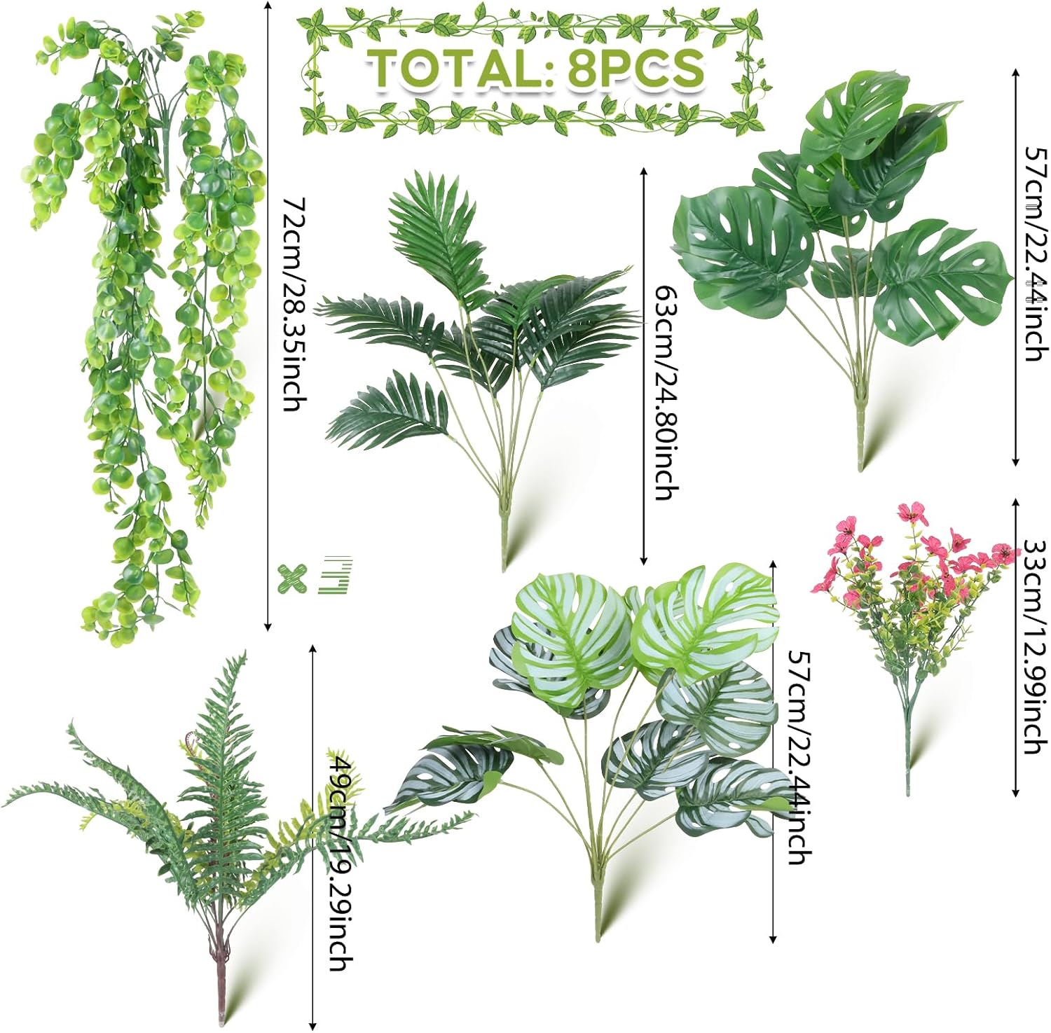 Outdoor Faux Greenery Plants with Artificial Hanging Ferns, 8 Bundles UV Resistant Faux Flower Bushes, Shrubs with Monstera, Palm, Boston Fern Leaves for Planters, Porch, Window Box Spring Decor