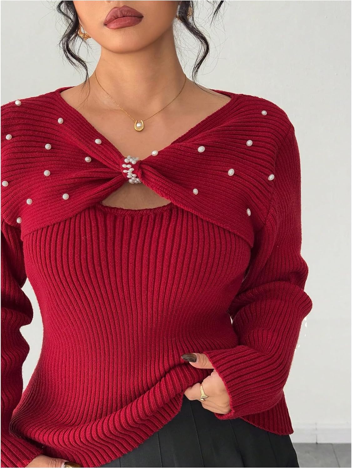 Verdusa Women's Plus Size Pearl Cozy Sweaters Rib Knit Wrap Top Cut Out Pullovers Nye Outfits