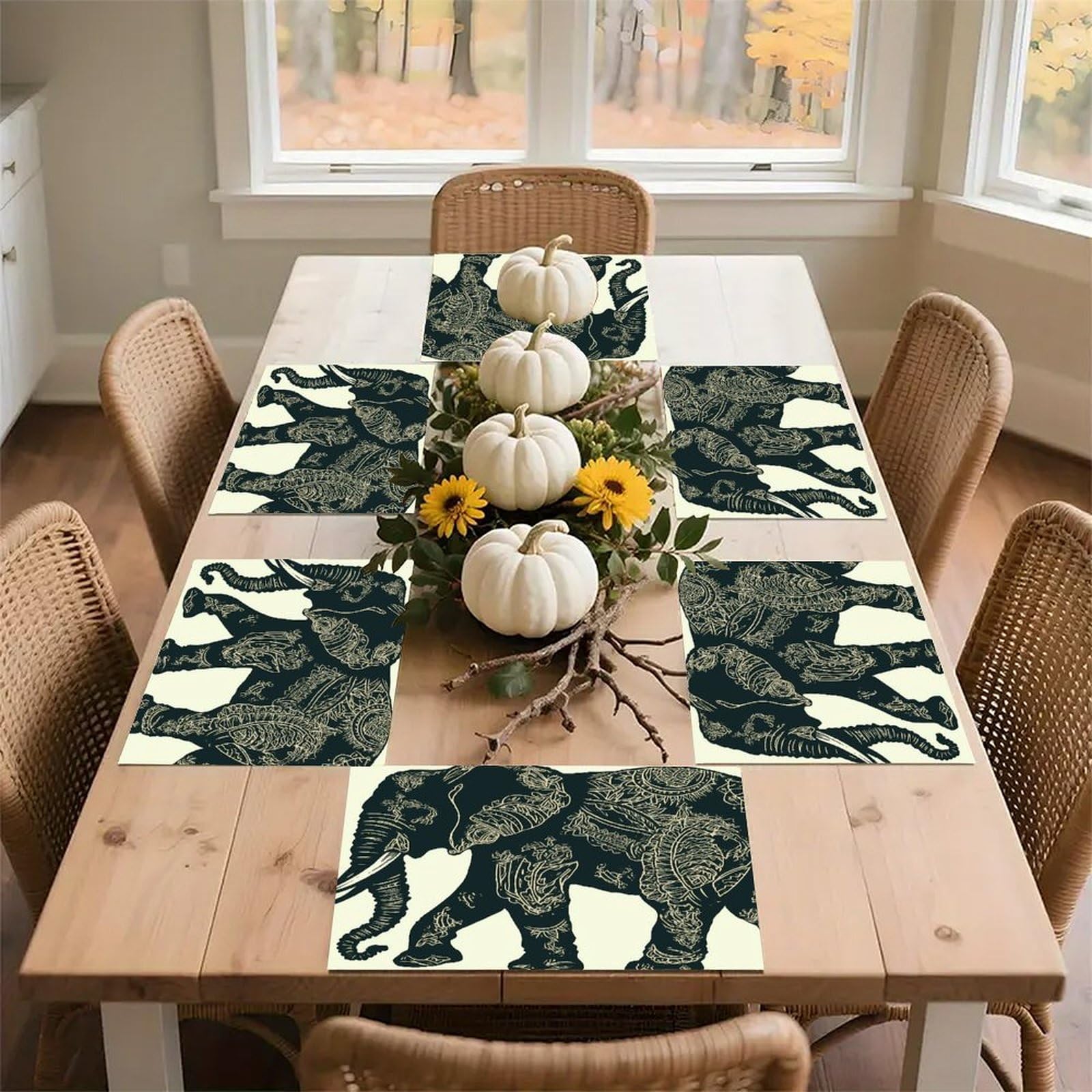 Elephant Placemats Wipeable Heat Resistant Table Mats Washable Flax Place Mats Elegant Cloth Non-Slip Placemat for Kitchen Dinning Party Table Decor 12 * 18 in