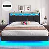 DICTAC King Floating Bed Frame with Upholstered Storage Headboard, Stable and Sturdy 5ft King Bed Frame with Power Strip & LED Lights, 150x200 cm Platform Bed Frame, No Box Spring Needed, Modern, Grey