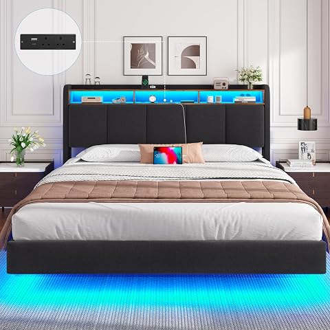 DICTAC Double Floating Bed Frame with Upholstered Storage Headboard, Stable and Sturdy 4ft6 Double Bed Frame with Power Strip & LED Lights, 135x190 cm Platform Bed Frame No Box Spring Needed, Grey