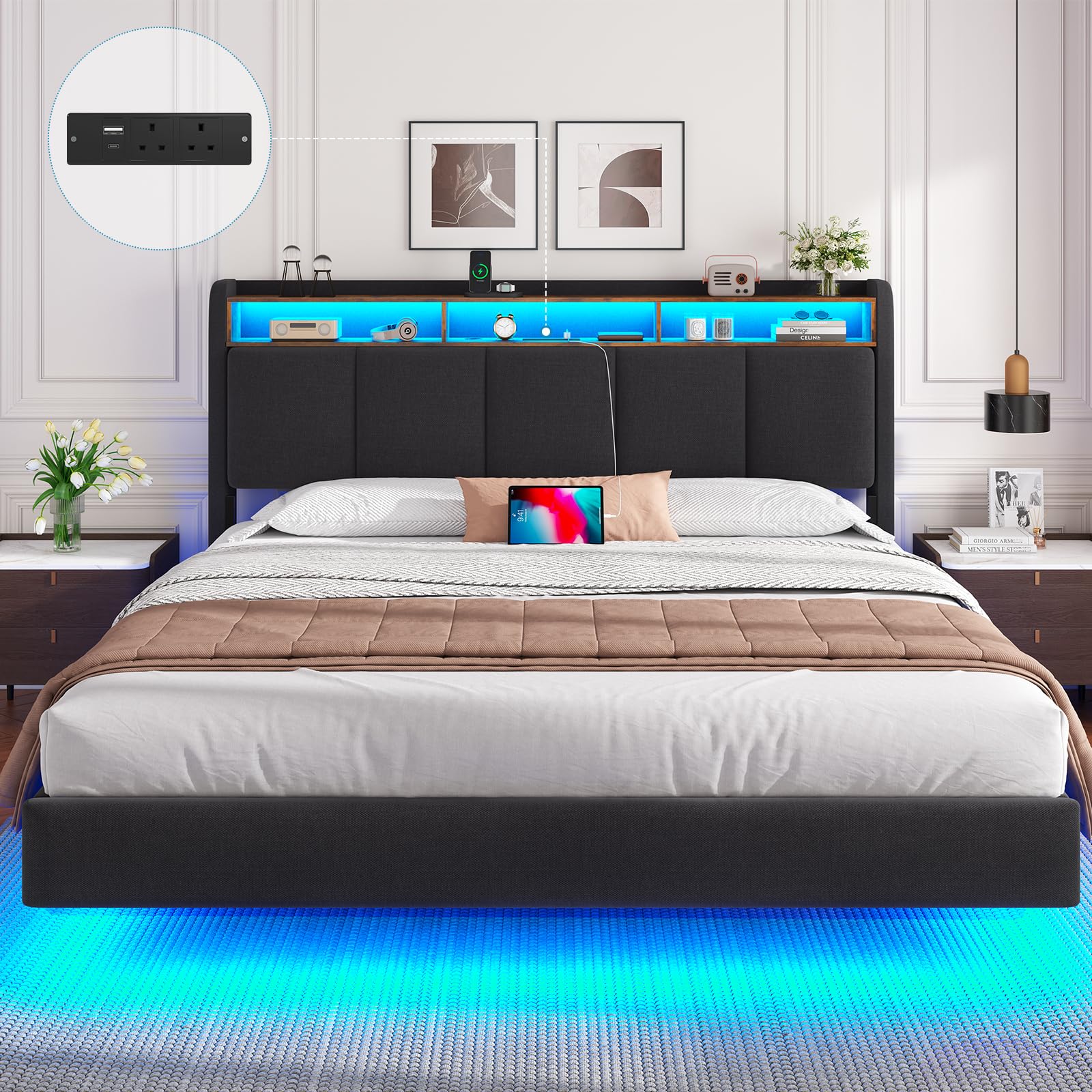 DICTAC King Floating Bed Frame with Upholstered Storage Headboard, Stable and Sturdy 5ft King Bed Frame with Power Strip & LED Lights, 150x200 cm Platform Bed Frame, No Box Spring Needed, Modern, Grey — image 1