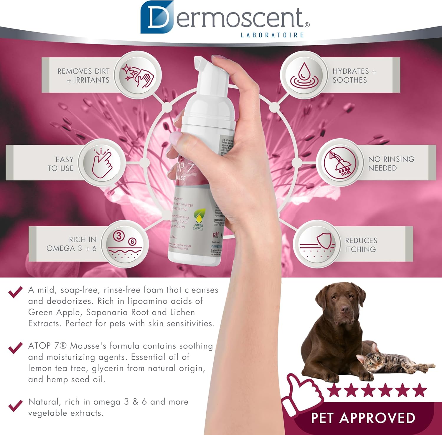Dermoscent ATOP 7 Mousse - Waterless Dog Shampoo for Dogs & Cats - Cleansing Soothing Dry Shampoo for Itchy Skin Relief & Allergy-Prone Skin - 150 ml