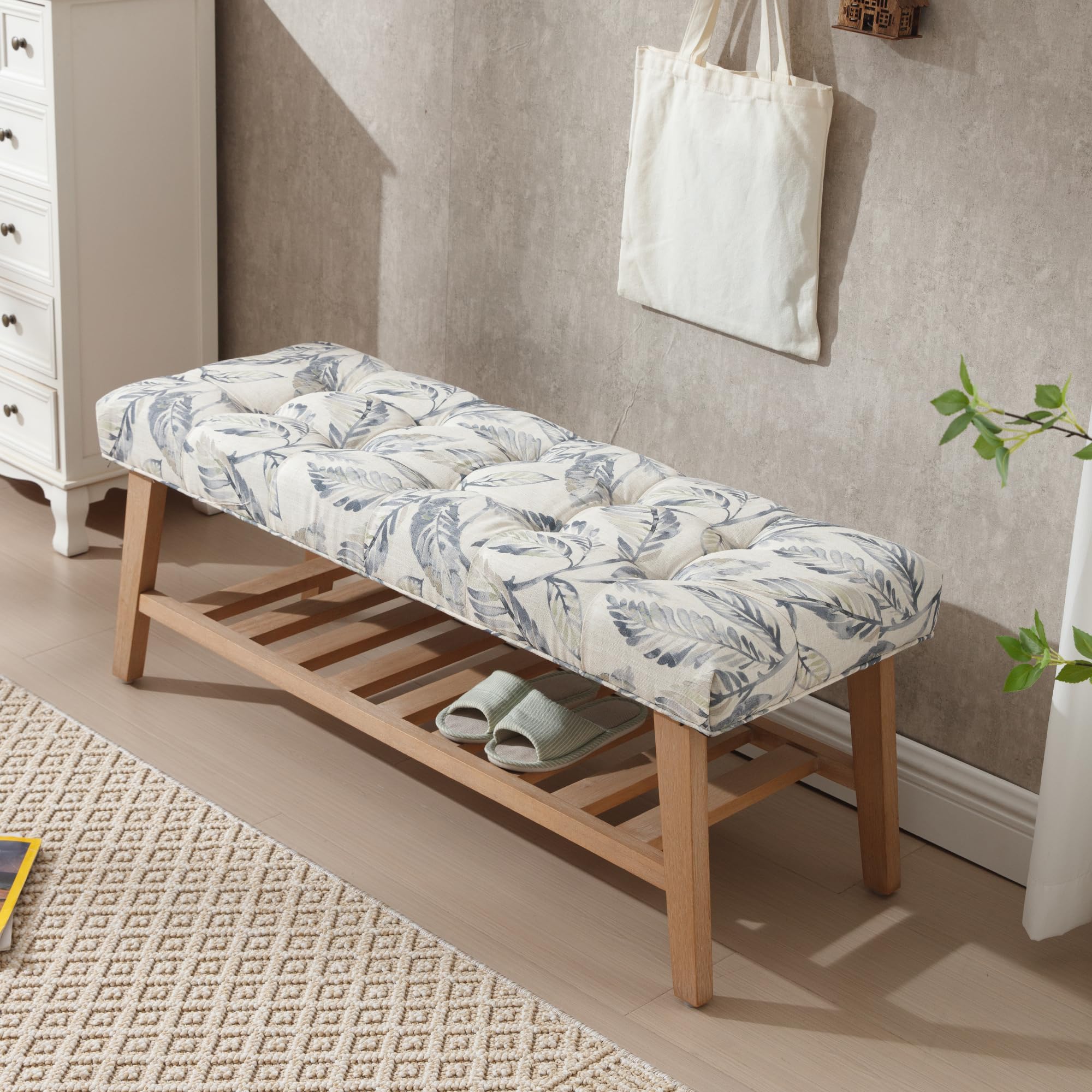 DM Furniture Wooden End of Bed Bench with Shoe Shelf 2 Tier Farmhouse Button Tufted Linen Fabric Upholstered Entryway Bench for Living Room/Bedroom/