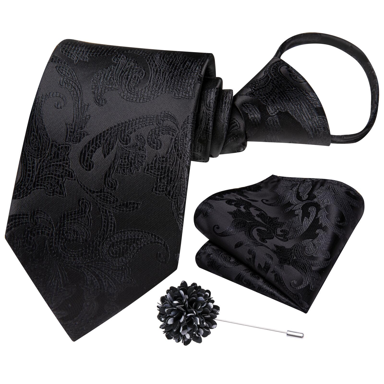 Hi-Tie Zipper Ties for Men Pre-tied Tie Set Lapel Pin Pocket Square and Cufflinks Formal Business Wedding Adjustable Necktie