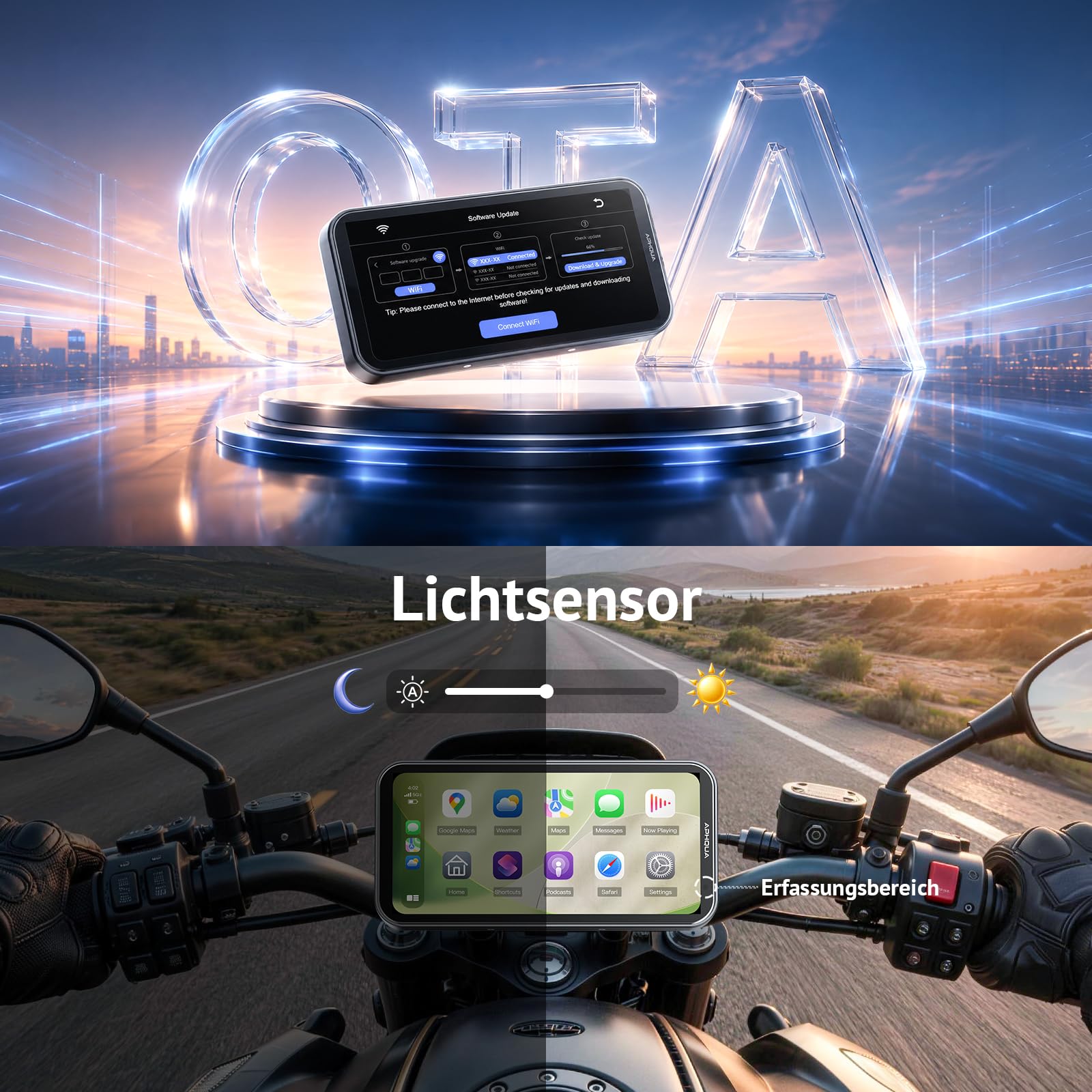 Motorrad CarPlay Display 6.25 Zoll, IP67 Wasserdicht, TPMS, USB/Acc | kabelloses CarPlay und Android Auto, (TPMS), Dual-Bluetooth, GPS, USB/Acc-Stromversorgung
