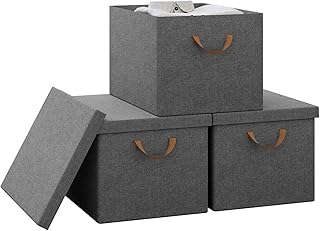 WOLTU Storage Box with Lid, Made of Polyester Fabric, for Bedroom, Study, Living Room, Organiser Box Large with Handles, Foldable, Grey, 48 x 30 x 36 cm