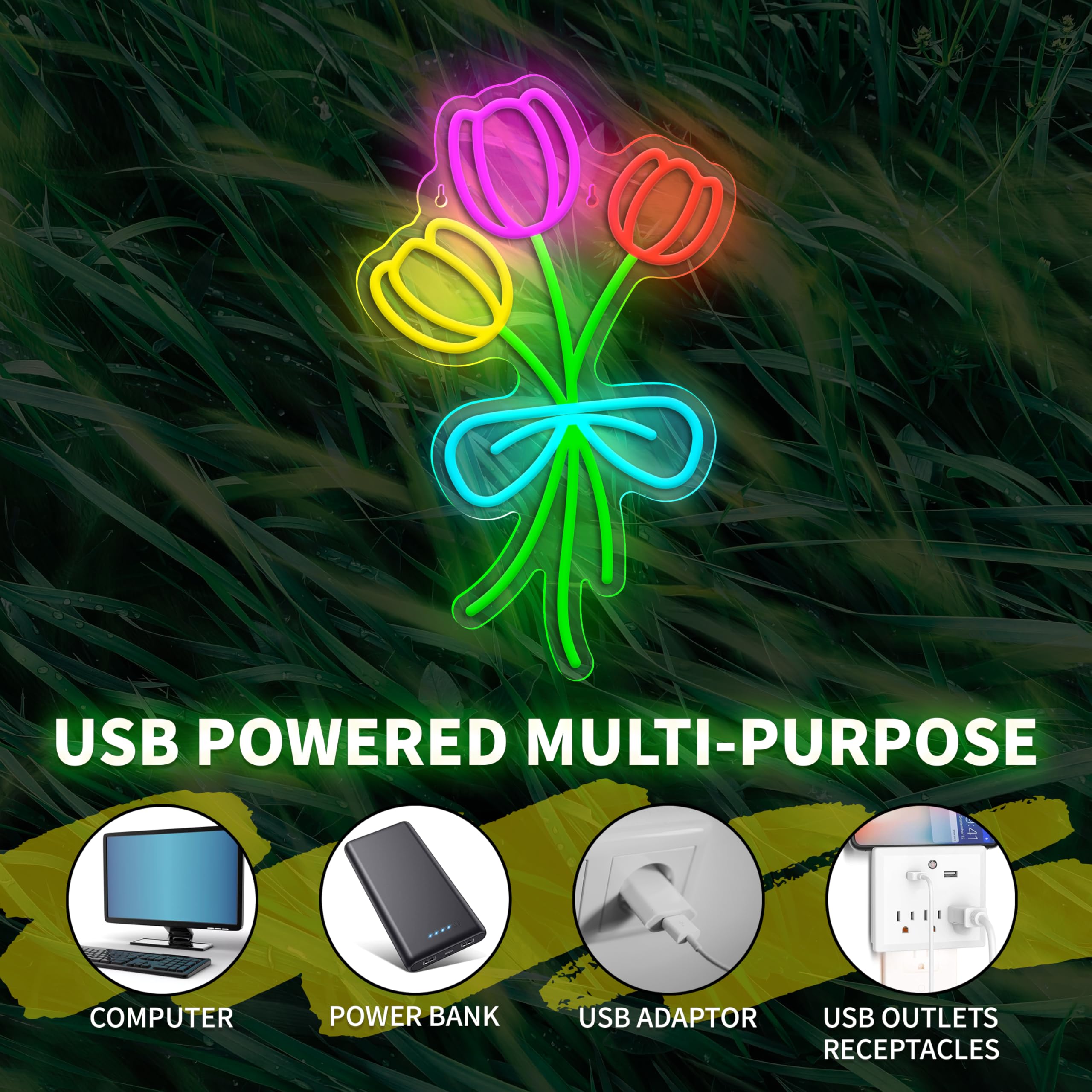 画材 Flor com um pouco de neon VIKLIU Sinal de néon de flores, buquê regulável, sinais de
