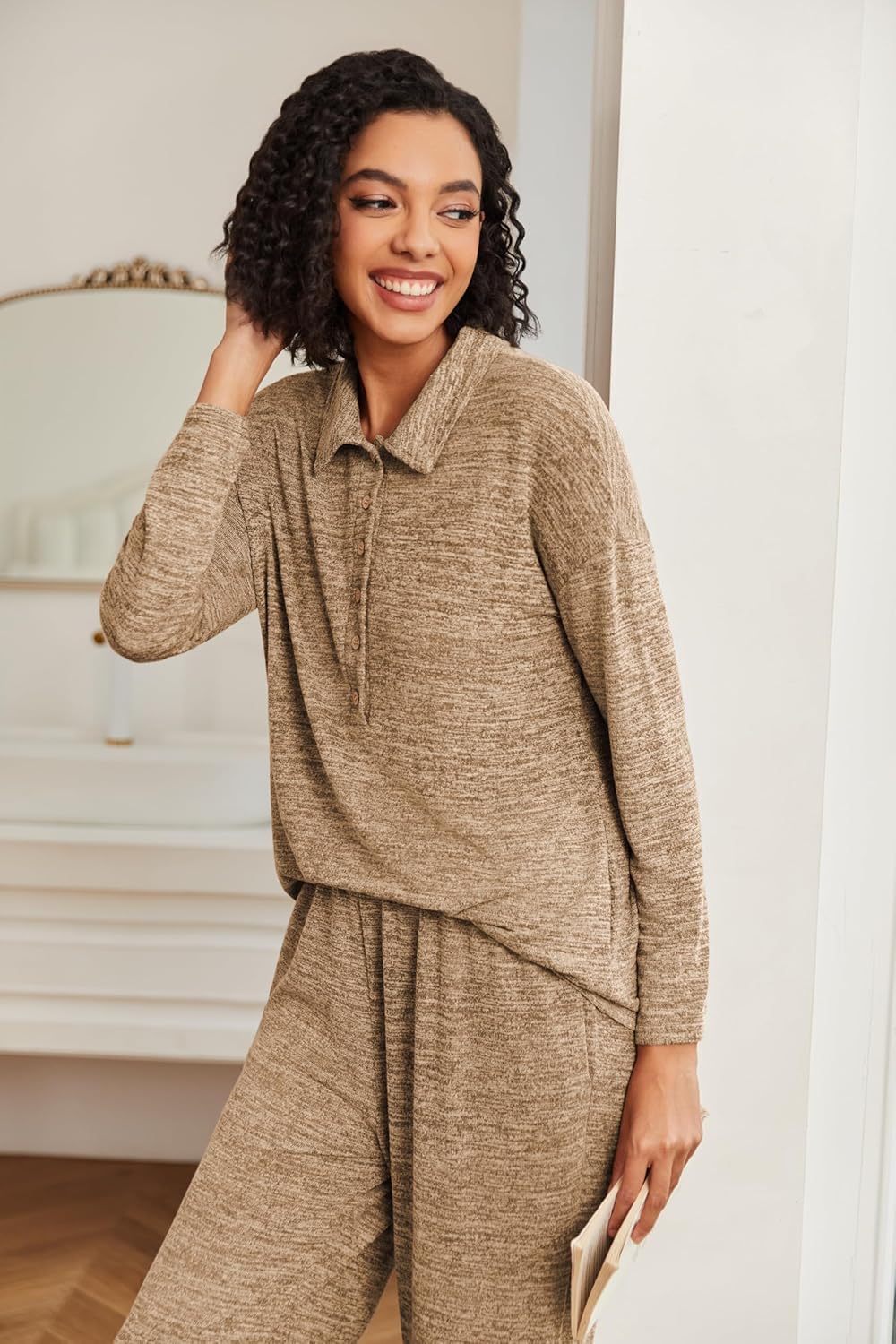 Ekouaer Women's Pajamas Set 2 Piece Knit Long Sleeve Button Down Sleepwear Soft Pjs Lounge Sets S-XXL - Image 3