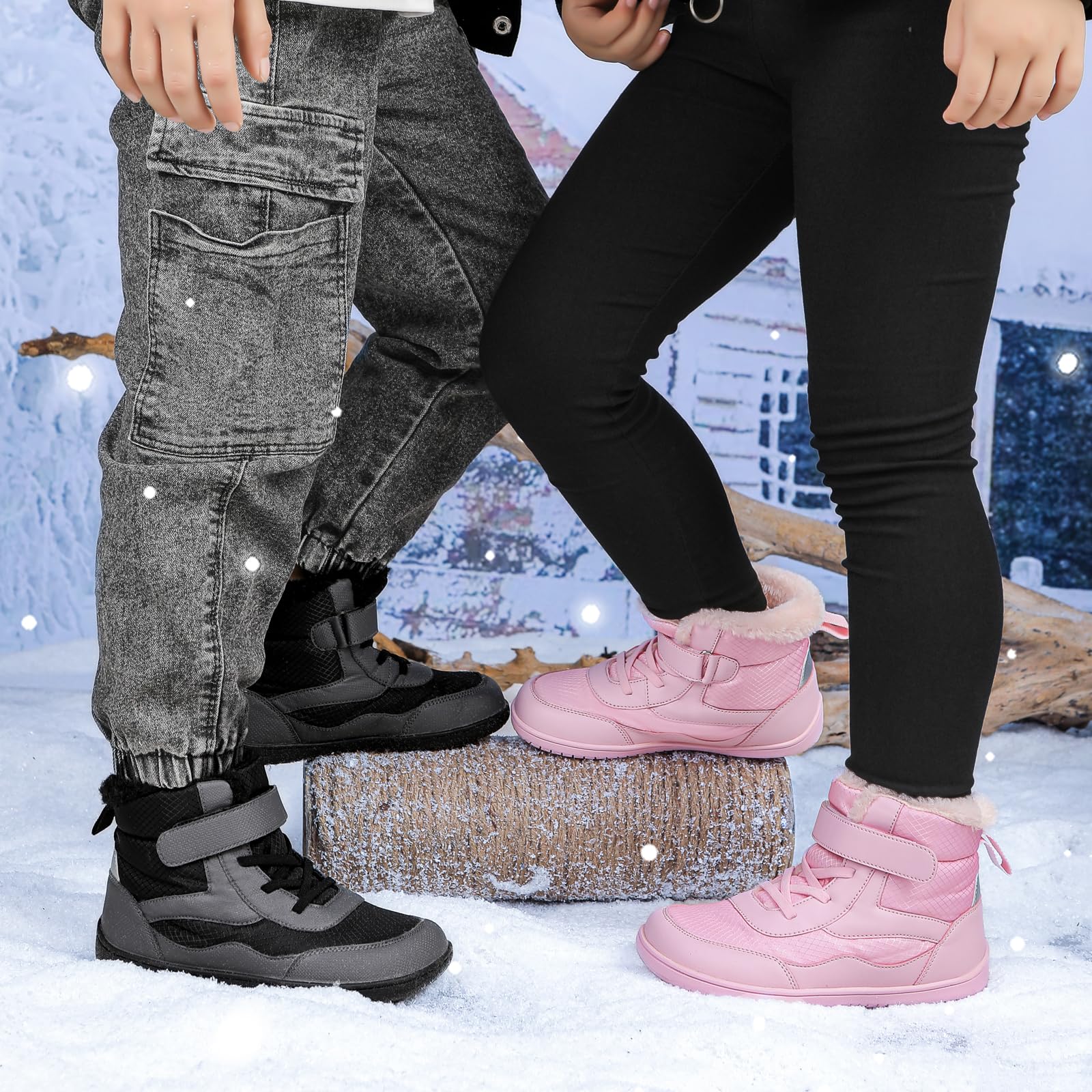 Kinder Winter Barfußschuhe Warme Gefüttert Schneestiefel mit Klettverschluss Barfußschuhe Winter Kinder Schneestiefel Breiter Zehe Wanderschuhe Leicht Rutschfest Winterstiefel