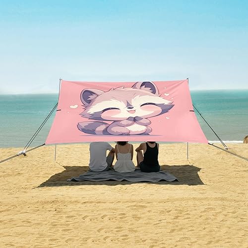 Miniatura 5 de Toldo de playa plegable con diseño de mapache de dibujos animados, UPF50+, resistente al agua, con bolsillos de arena para campamento, pícnic, patio