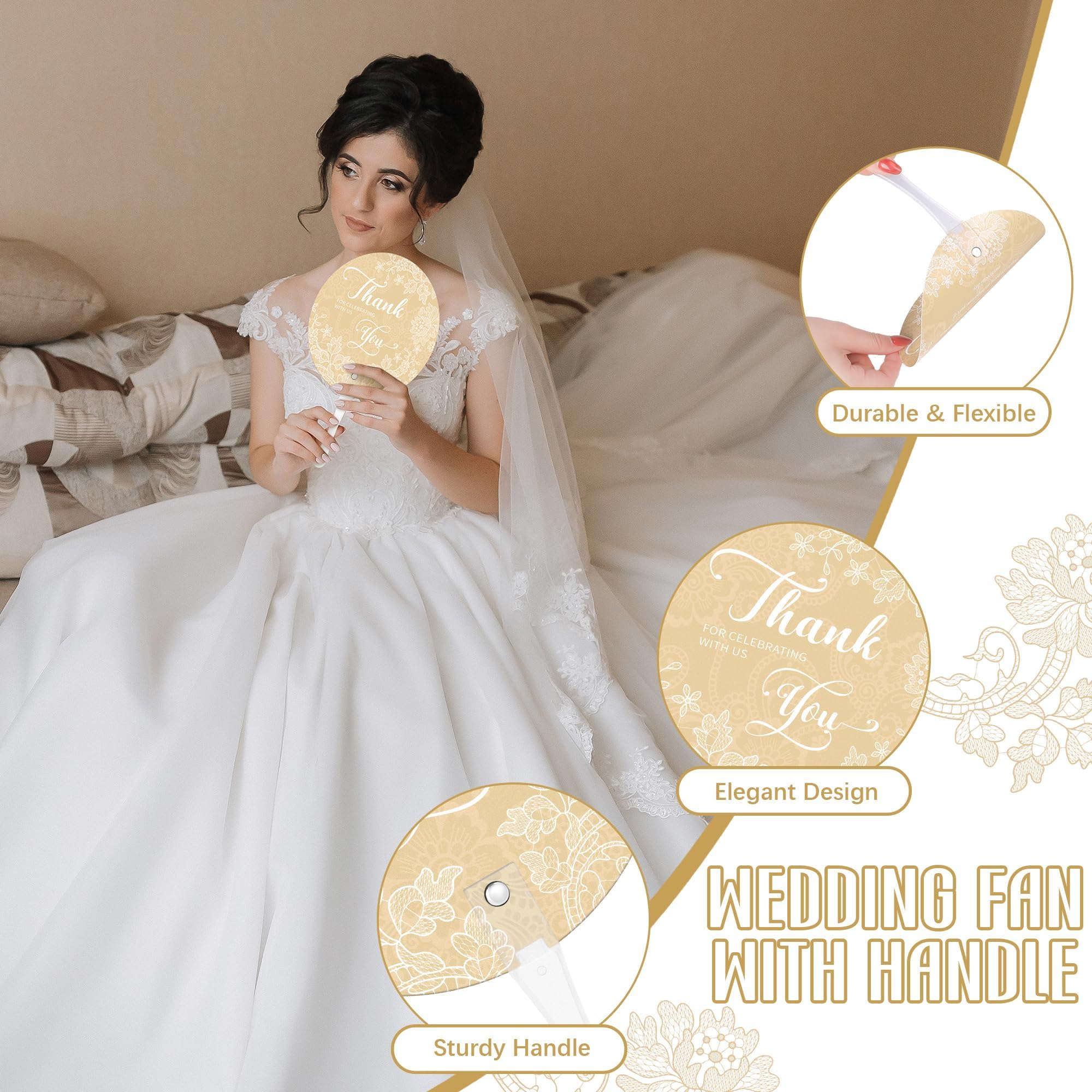 Aneco 120 Stück Hochzeit Handfächer Bulk mit Tischschild Kunststoff Fächer mit Griff Handheld Hochzeit Favor Fans für Zeremonie Brautparty Party Supplies Weiße Spitze