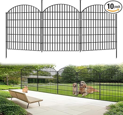 10 Panels No Dig Decorative Outdoor Garden Fence for Yard, 33in (H) x 22.31ft (L) Animal Barrier Fencing Rustproof Metal Panel Border for Dog, Rabbits Patio Camping Temporary Ground Stakes