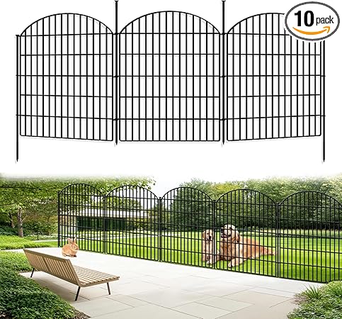 10 Panels No Dig Decorative Outdoor Garden Fence for Yard, 33in (H) x 22.31ft (L) Animal Barrier Fencing Rustproof Metal Panel Border for Dog, Rabbits Patio Camping Temporary Ground Stakes