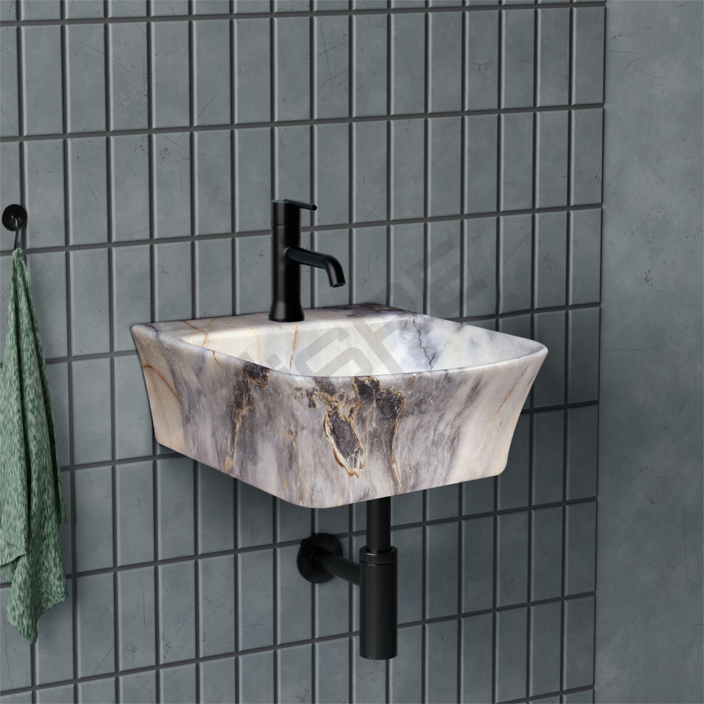 HISRE Wall Mount Wash Basin 13"x13"x5" | White with Blue and Golden Marble Finish Ceramic Sink | Modern Rectangular Bathroom Basin for Home, Office & Hotels, photo 2 of 5